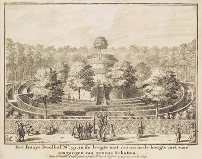 Laberinto de topiaria con cuatro salidas y un montículo central, grabado por Johannes Van den Aveele de Nicolaes Jansz Visscher